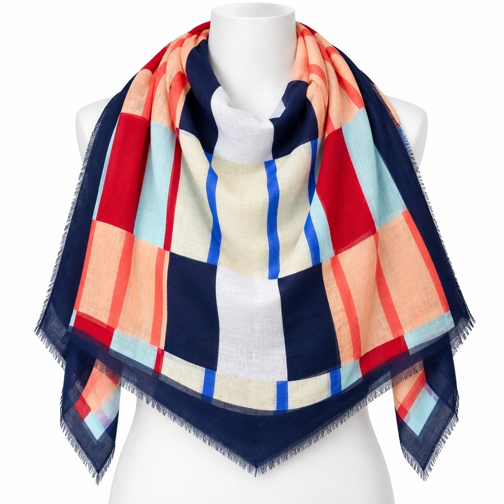 Lane Bryant Scarf Women Navy Blue Red Color-block Geometric Frayed Edge Square